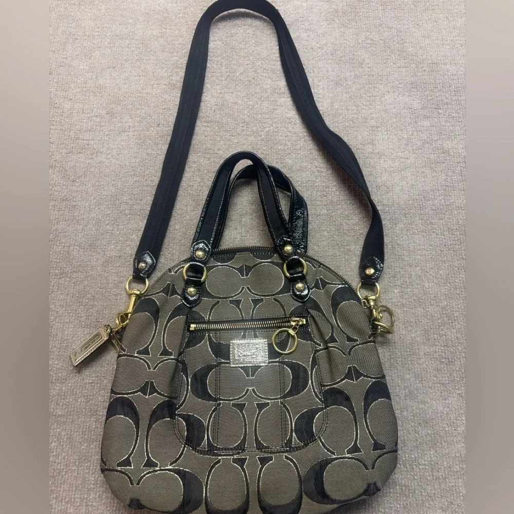 Coach Signature C Satchel Bag Black Tan Canvas Leather Trim Crossbody Y2K